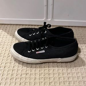 Women’s size 7.5. Black canvas Superga sneakers.